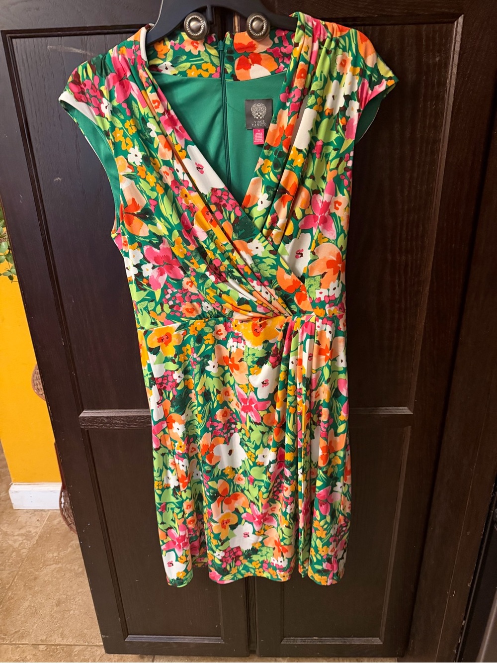 Vince Camuto Green Floral Faux-Wrap Dress with Pink & Orange Blooms